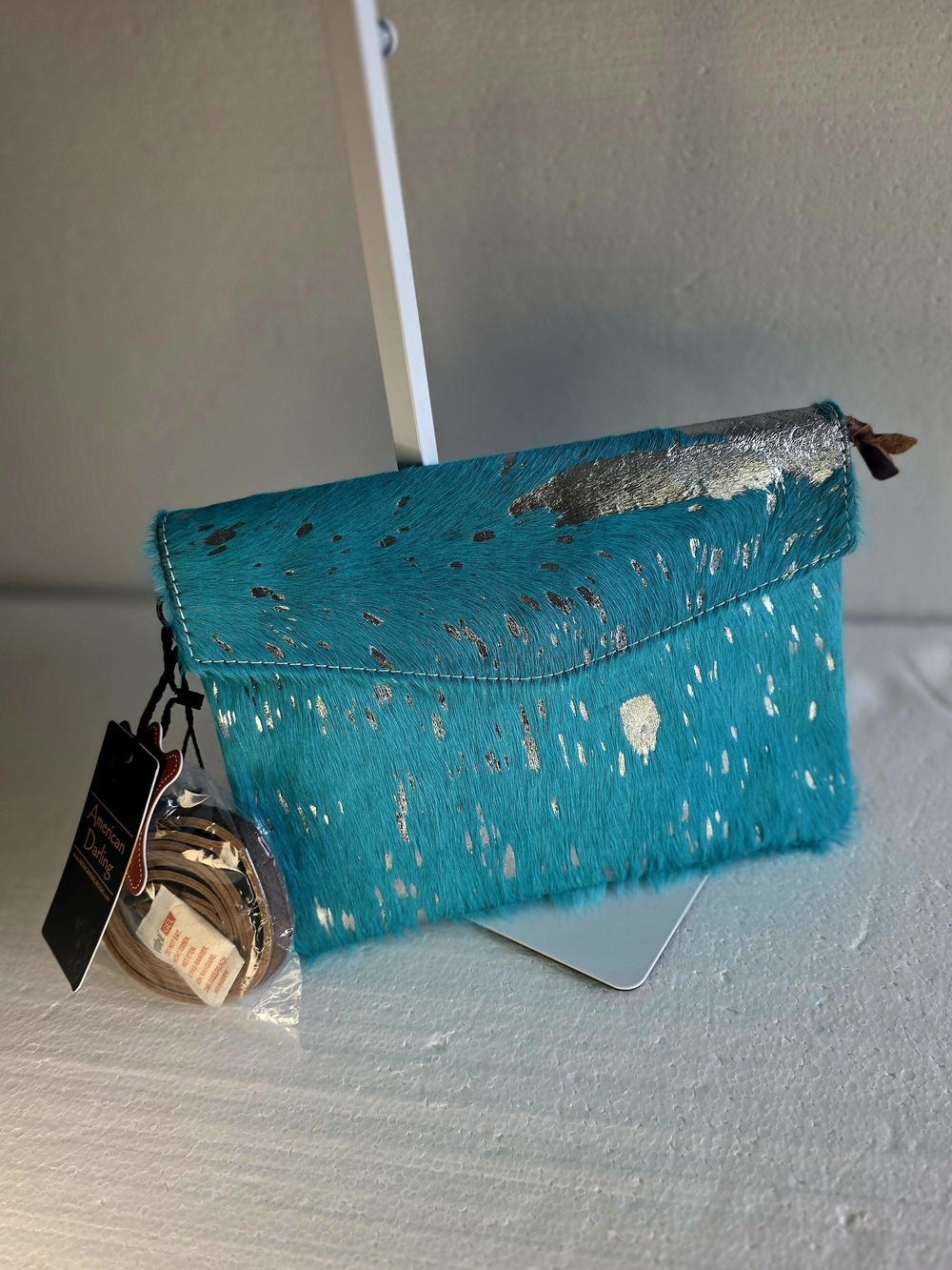 American Darling Turquoise,silver Hair on Hide Leather Clutch/crossbody